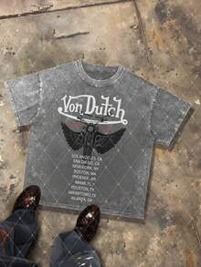 CHAOSHU Van Dutch Winged Motorcycle City Tour Graphic Men's 230g Combed Washed Cotton T-Shirt, Street Short-Sleeve Top, American Road Trip Vintage Style Apparel, Spring Summer Crew Neck Top, Suitable For Summer Daily Casual Wear - 灰色 - 查看 1