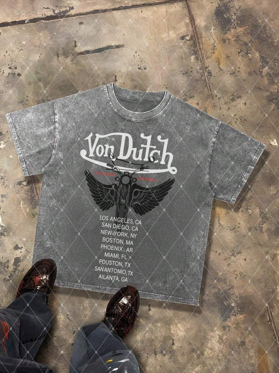 CHAOSHU Van Dutch Winged Motorcycle City Tour Graphic Men's 230g Combed Washed Cotton T-Shirt, Street Short-Sleeve Top, American Road Trip Vintage Style Apparel, Spring Summer Crew Neck Top, Suitable For Summer Daily Casual Wear - 灰色 - 查看 1