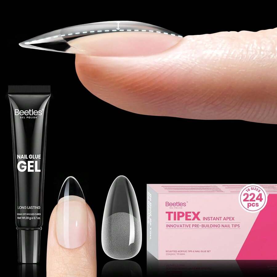 Beetles Tipex Lite Pre-Built Apex Nail Tips Kit, Stiletto Medium, With Tipex Nail Glue, All-In-One Gel Nail Kit - Almond Medium 224pcs (Tipex Nail Kit) - View 1