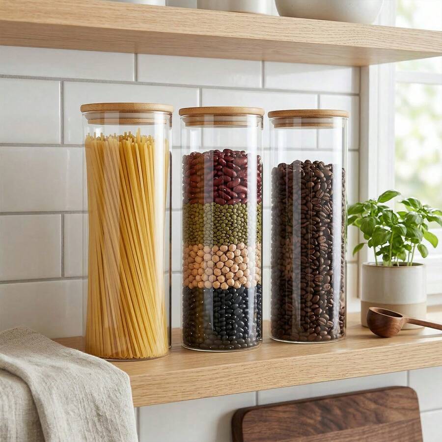 3PCS Large Glass Storage Jars – Airtight Pantry Containers For Spaghetti, Pasta, Cereal, Flour & Rice, Clear Kitchen Countertop Canisters - 透明-1900ml*3 - 查看 1