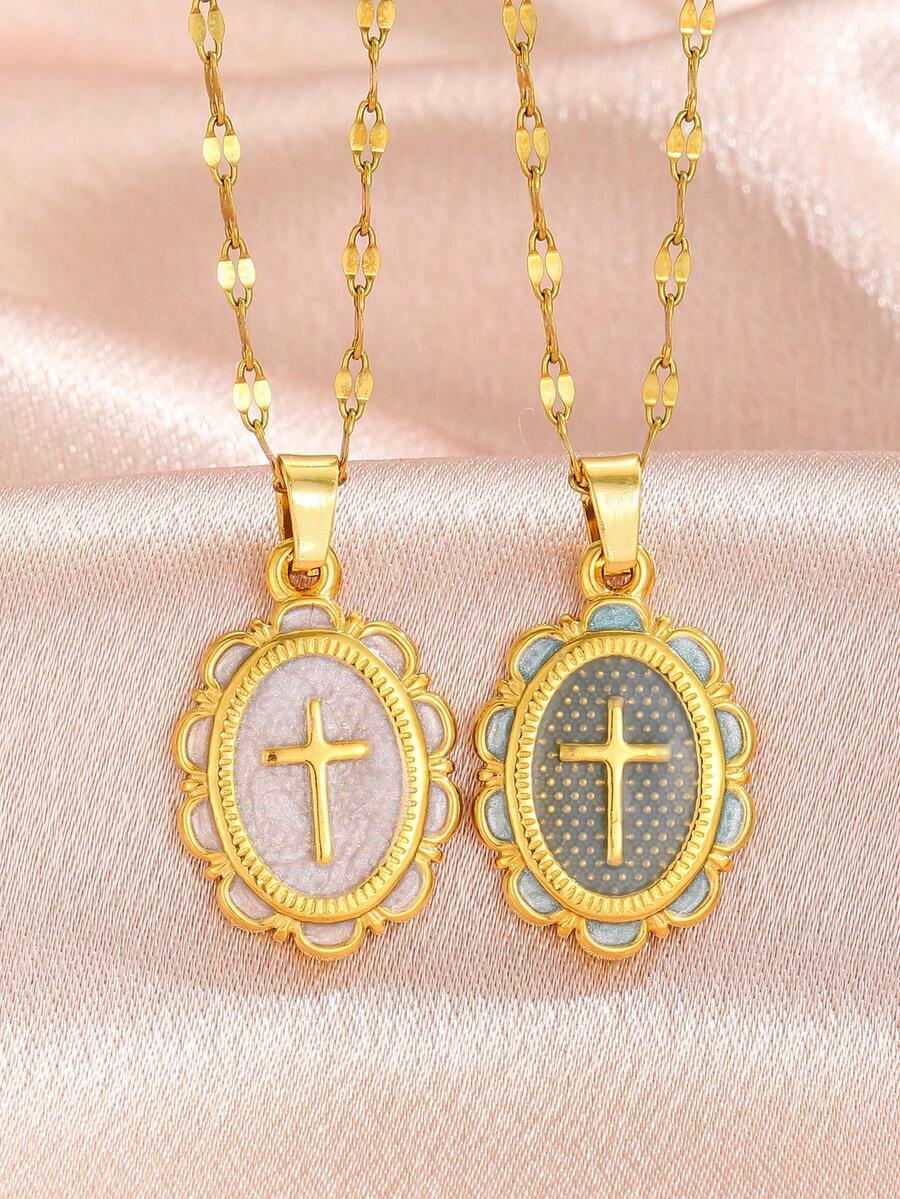 1件简约不锈钢十字架吊坠项链，适合女性和女孩日常、时尚、街头、派对、节日、约会装饰，也是节日礼物之选。 - 彩色 - 查看 1