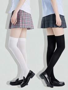 1/2 Pairs Black & White Combination High Elasticity Thigh High Socks, Suitable For Women - Multicolor - View 4