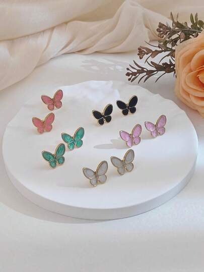 可爱蝴蝶耳环，女士耳环，色彩鲜艳的不锈钢首饰，金色耳环套装，珐琅耳环，蝴蝶结耳环，简约耳环，黑色、绿色、红色、白色耳环，复古首饰，夏季海滩度假比基尼配饰，迷人服饰，婚纱配饰 - 百搭首饰，游泳、沐浴、运动时佩戴皆宜，非常适合情人节、生日、母亲节和度假惊喜。