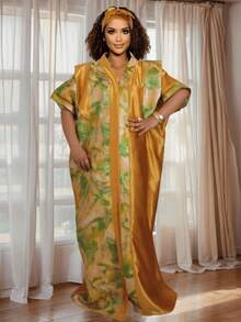 Plus Size African Print Satin Dresses 2 Piece Set Gradient Color Custom Made Elegant Women Outfit Fashionable Oversized Ladies Dress - 黃色 - 查看 1
