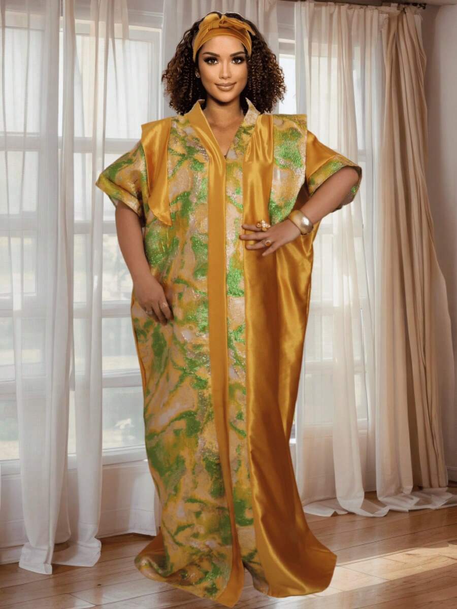 Plus Size African Print Satin Dresses 2 Piece Set Gradient Color Custom Made Elegant Women Outfit Fashionable Oversized Ladies Dress - 黃色 - 查看 1