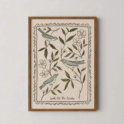 1pc Framed/Unframed Look At The Birds Vintage Bible Verse Canvas Poster Antique Floral Modern Christian Folk Art Wall Print Cottagecore Decor Retro Religion Painting For Apartment,Living Room,Bedroom, Home Decoration