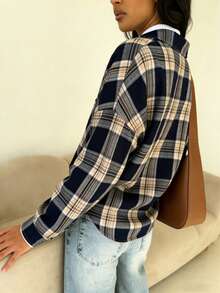 Women's Comfortable Casual Retro Plaid Front Button Pocket Long-Sleeve Shirt, New Spring Style, Best-Selling Spring Coat - Navy Blue - View 5