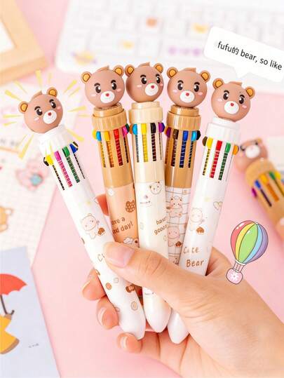 قلم حبر جاف بشكل دب كرتوني متعدد الألوان 10 ألوان، قلم متعدد الألوان بضغط للكتابة والتدوين، مناسب لمستلزمات المدرسة والعودة إلى المدرسة (نمط عشوائي)