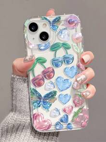 1 pieza Funda de teléfono de TPU con patrón de cristal con forma de corazón y cobertura completa compatible con iPhone 16/16Pro/16Plus/16ProMax, 11/11Pro/11ProMax, 12/12Pro/12ProMax, 13/13Pro/13ProMax, 14/14Plus/14Pro/14ProMax, 15/15Pro/15Plus/15ProMax - Multicolor - Ver 1