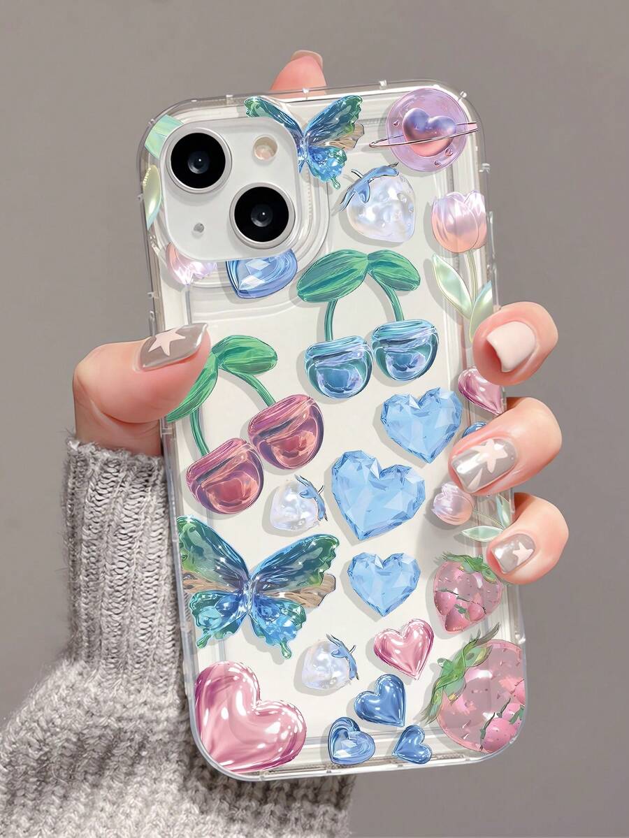1 pieza Funda de teléfono de TPU con patrón de cristal con forma de corazón y cobertura completa compatible con iPhone 16/16Pro/16Plus/16ProMax, 11/11Pro/11ProMax, 12/12Pro/12ProMax, 13/13Pro/13ProMax, 14/14Plus/14Pro/14ProMax, 15/15Pro/15Plus/15ProMax - Multicolor - Ver 1