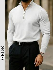 GRDR Men's Casual Long Sleeve Half Zip Knit Sweater, Versatile For Daily Wear - White - View 2