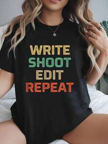 playeras de mujer, Camiseta estilo vintage: escribe, fotografía, edita, repite. - Negro - Ver 1