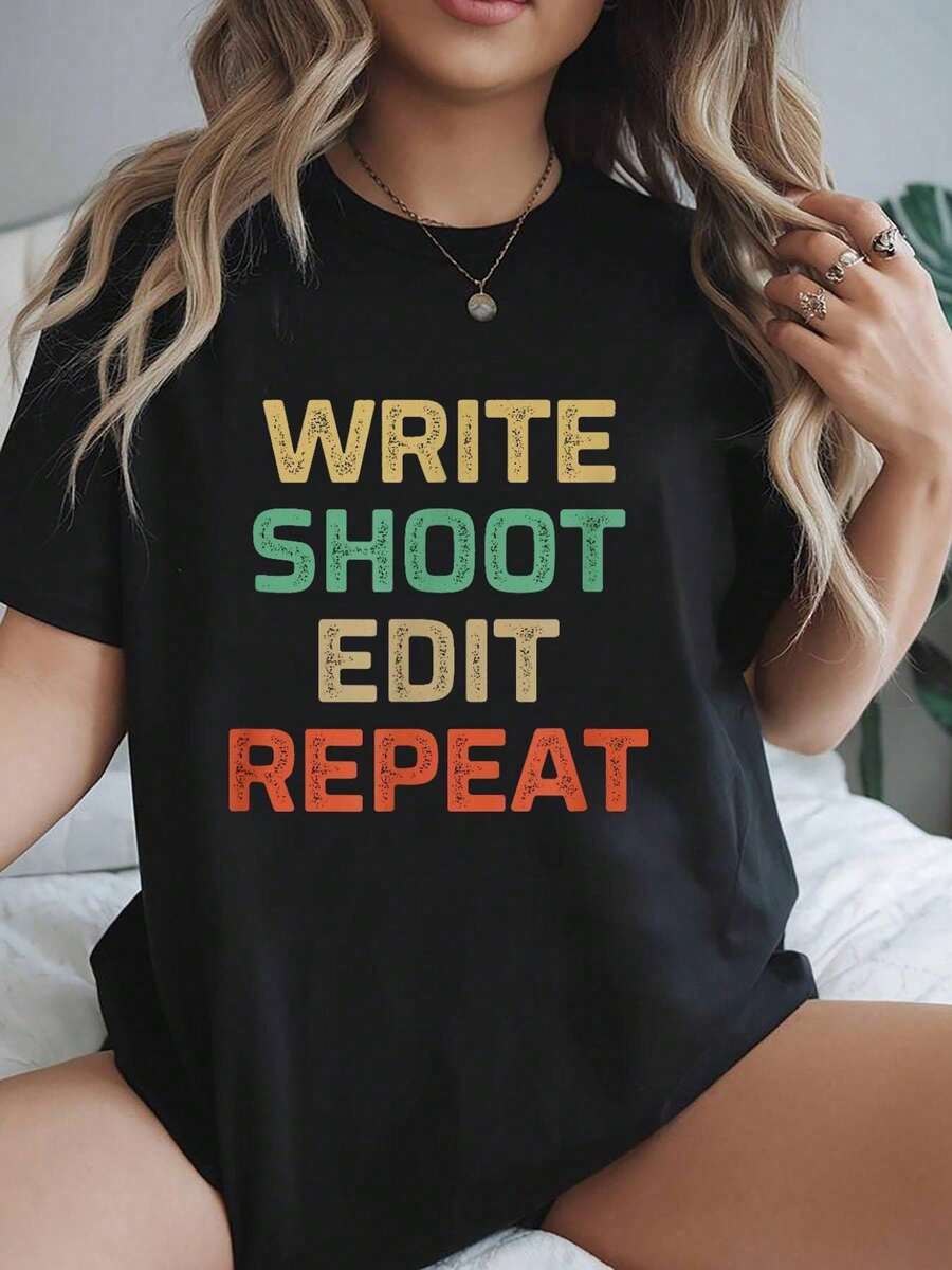 playeras de mujer, Camiseta estilo vintage: escribe, fotografía, edita, repite. - Negro - Ver 1