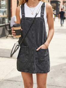 CICILEEDA Women's Casual Sleeveless Denim Pinafore Dress With Straps, Raw Wash Short Length For Everyday Wear - Xám - Xem 1