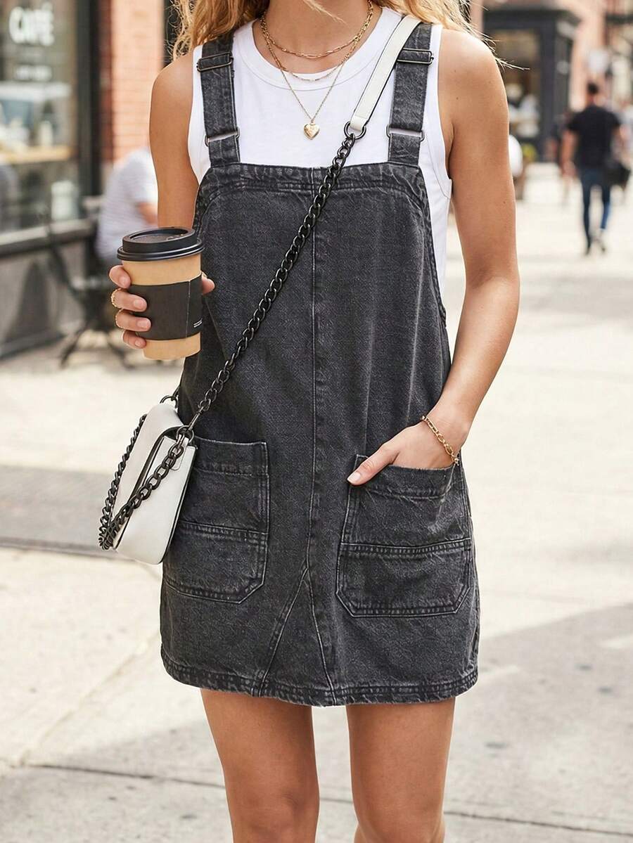 CICILEEDA Women's Casual Sleeveless Denim Pinafore Dress With Straps, Raw Wash Short Length For Everyday Wear - Xám - Xem 1