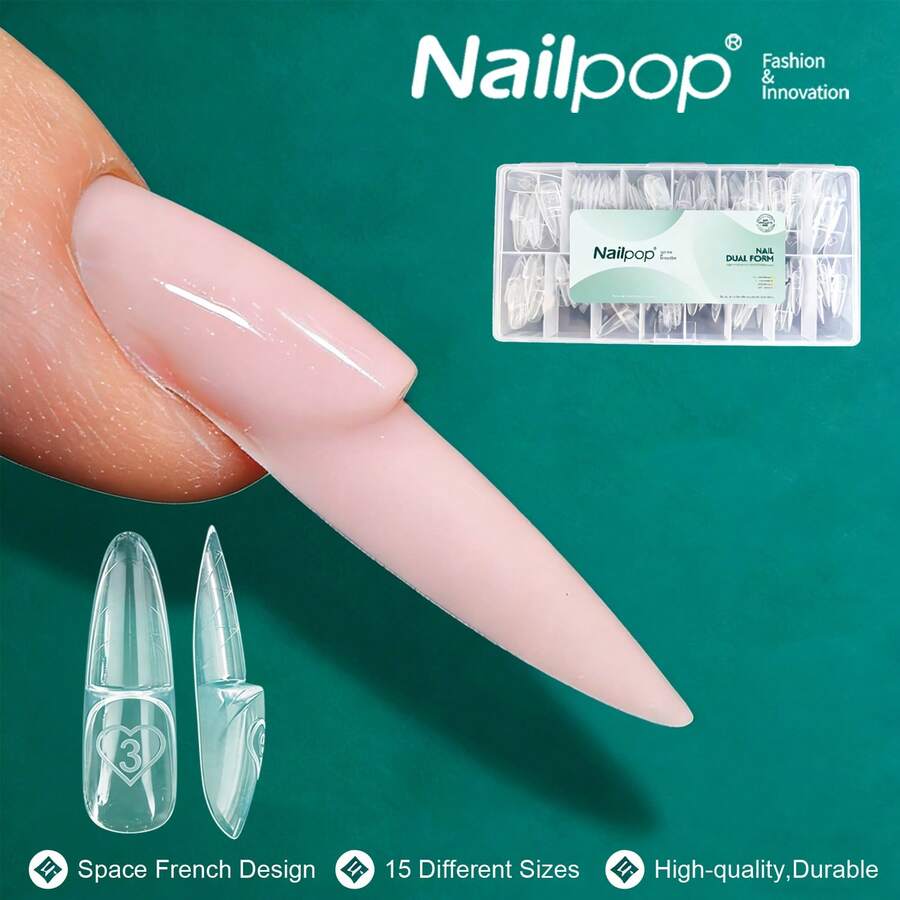 nailpop 150pcs/Box 15 Sizes Oval Nail Extension Tips, Reusable French Dual-Layer Nail Forms, Suitable For Hard Gel/Polygel Quick Building, Allows Free Customization Of Personal Nail Styles - Clear - View 1