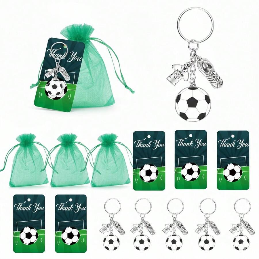 12PCS Soccer Keychain Set 3 In 1 Multi Charm Alloy Metal Sport Style Football Pattern Green Organza Bag Round Ball Jersey Shoe With Thank You Card Keyring Party Favor Birthday Team Event Match Day Gift - Metal Soccer Card Keychain - View 1
