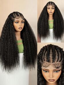 24英寸Yaki直发蕾丝前假发，女士 - 自然卷曲合成发际线，13x6蕾丝预拔毛，耐热纤维，适合日常佩戴 | Yaki直发 | 蕾丝前假发，合成蕾丝前假发 - 黑色 - 查看 4