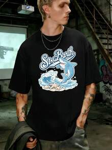 PLUS SIZE St Barth Shark Print Summer T-Shirt, Premium Cotton, Relaxed Fit, Street Hip-Hop, Breathable, New Arrival - màu đen - Xem 1