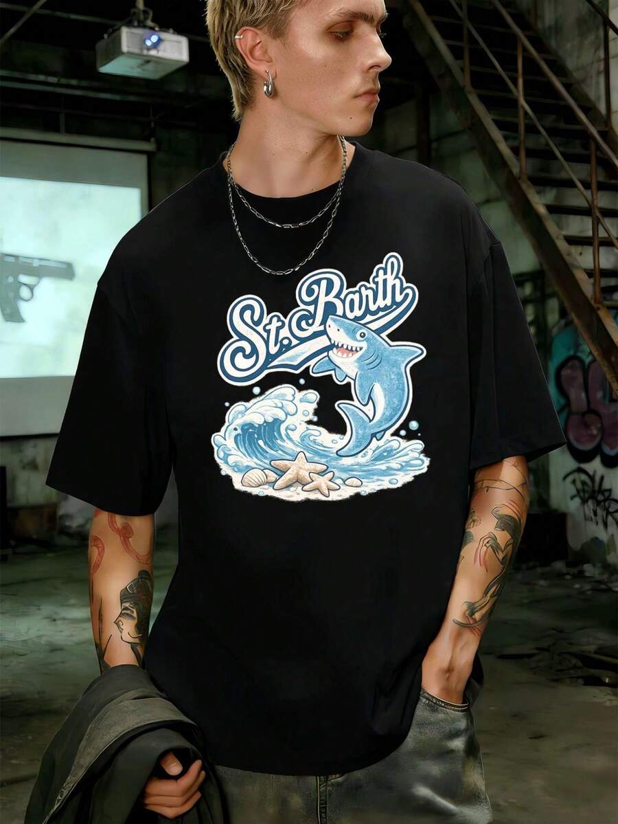 PLUS SIZE St Barth Shark Print Summer T-Shirt, Premium Cotton, Relaxed Fit, Street Hip-Hop, Breathable, New Arrival - màu đen - Xem 1
