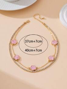 1pc Elegant Luxury Summery Pink Sweet Clover Sparkling Charm Multi-Layer Necklace For Women - Pink - View 6