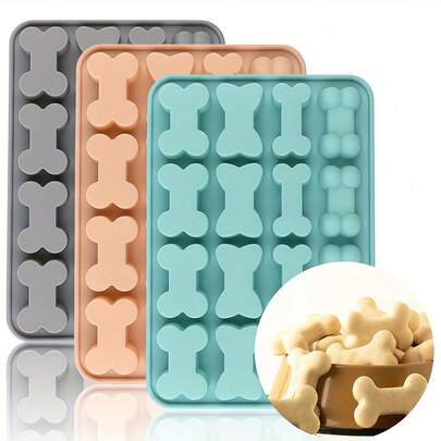 Khuôn silicon hình xương chó kích thước 1/3, có 16 ô và 4 hình dạng xương khác nhau, có thể tái sử dụng và chống dính, thích hợp để làm sô cô la, bánh ngọt, kẹo, thạch, đá viên và đồ chơi cho thú cưng.