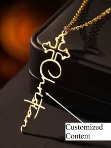 Collar con colgante de cruz personalizado de acero inoxidable - Elegante estilo retro con grabado personalizado, cadena duradera, joyería exquisita, acabado pulido - Multicolor - Ver 1