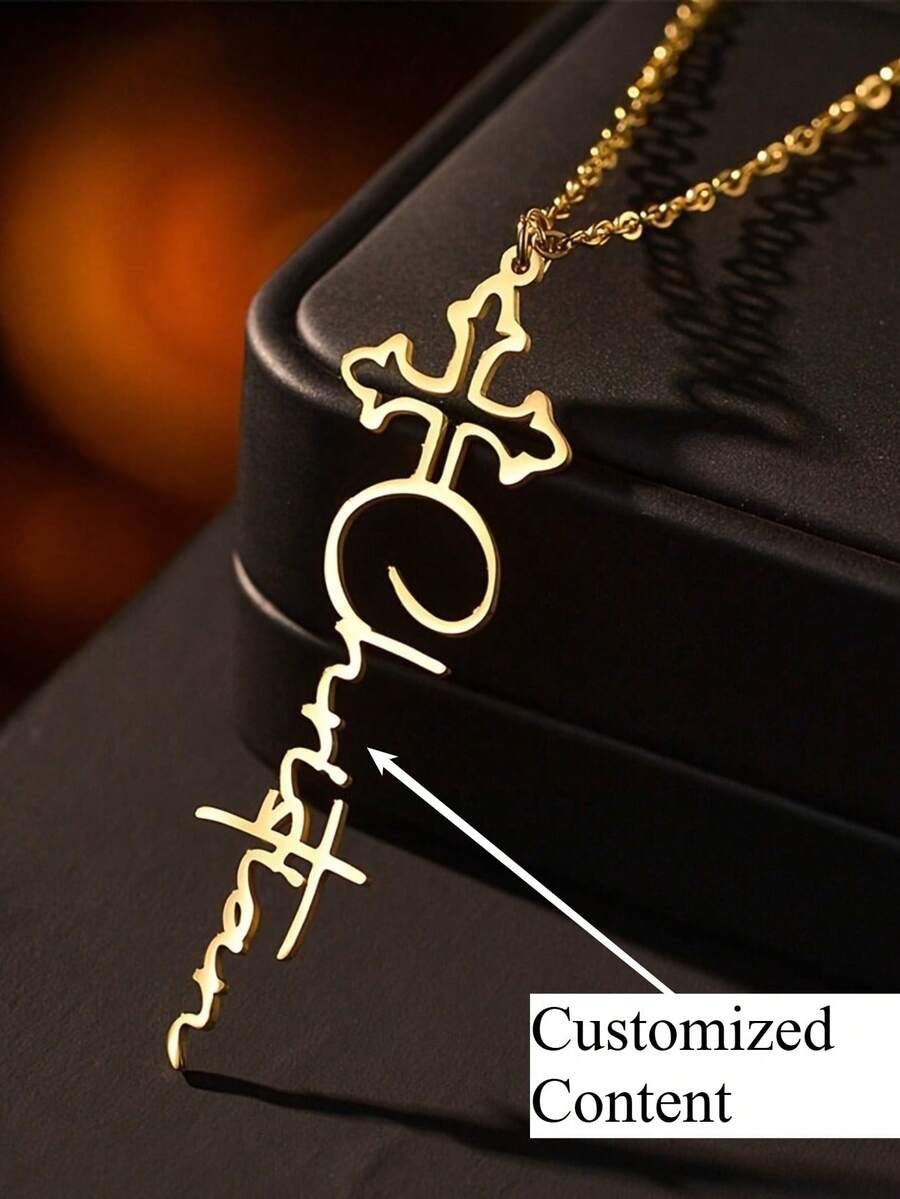 Collar con colgante de cruz personalizado de acero inoxidable - Elegante estilo retro con grabado personalizado, cadena duradera, joyería exquisita, acabado pulido - Multicolor - Ver 1
