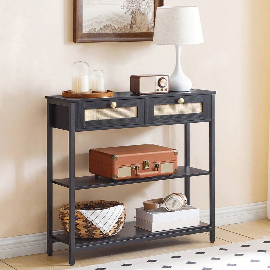 Console Table, **-Inch Console Table With Faux Rattan Decoration, Narrow Long Sofa Table, Hallway Foyer Table, Entryway Table, Storage Table With 2 Drawers And 3 Open Shelves, For Entryway, Living Room, Corridor, Black - 黑色 - 查看 1