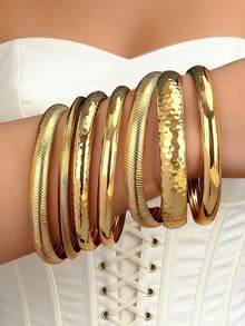 7件套复古优雅锤纹花卉纹理金属手镯套装，高端简约个性化叠戴，适合情侣、派对、节日、送礼、日常佩戴、新年等场合。 - 金黃色 - 查看 5