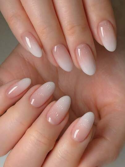 24pcs Gradient Pink & White Oval Acrylic Nail Stickers, Classic Minimalist French Design For Shiny & Charming Nails! Nail Art Kit Includes Gel Polish And Nail File, Suitable For All Women