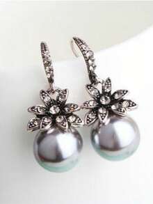 1对长款仿珍珠花朵耳坠，百搭复古优雅女士耳环 - 灰色 - 查看 5