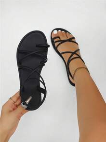 2026 New Lace-Up Flat Sandals, Casual Comfortable Daily Wear, Minimalist Design Suitable For Outdoor, Beach, Everyday Matching - Black - View 5