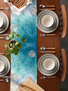 1件装清新海滨波浪桌旗，3D视觉蓝白渐变波浪粗麻布长方形桌旗/柜旗，室内外装饰，适用于日常、婚礼、节日家居装饰、餐厅、客厅、餐桌 - 藍白色 - 查看 5