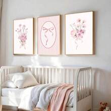 3 peças Impressão em Tela de Arte de Parede Floral com Laço Rosa Fofo sem Moldura, Decoração Minimalista e Estética para Quarto de Meninas, Quarto Infantil, Sala de Jogos, Quarto, Casa Moderna - Multicolorido - Visão 10