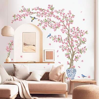 Spring Pink Cherry Blossom Wall Sticker Bird Branch Butterfly Garden Wall Decals Romantic For Bedroom Living Room Home Wall Decor
