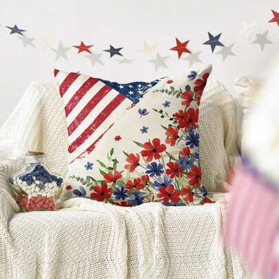 1 Vỏ gối trang trí hình hoa anh túc ngày 4 tháng 7, họa tiết cờ Mỹ và ngôi sao, dùng cho ghế sofa, in một mặt (không kèm ruột gối).