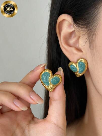 2 Pieces Set Of Elegant Heart-Shaped Women's Earrings, Made Of 18K Gold-Plated 304 Stainless Steel, Perfect For Summer. Green Jewelry, Women's Accessories, Stainless Steel Earrings, Women's Earrings