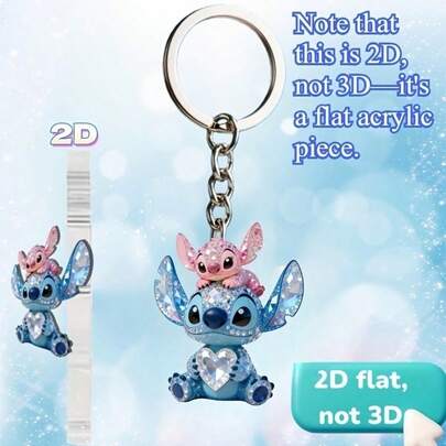 2D扁平不锈钢链多功能装饰吊坠，背包挂饰，2D心形可爱史迪奇钥匙扣 - 2D扁平可爱小熊设计，小巧轻便，适合挂在背包或车钥匙上，是圣诞节和其他节日的理想礼物。1个。背包挂饰，节日装饰，吊坠，配饰，做工精致，圣诞礼物，嘉年华礼物，派对礼物。2D扁平情人节礼物，粉色钥匙扣