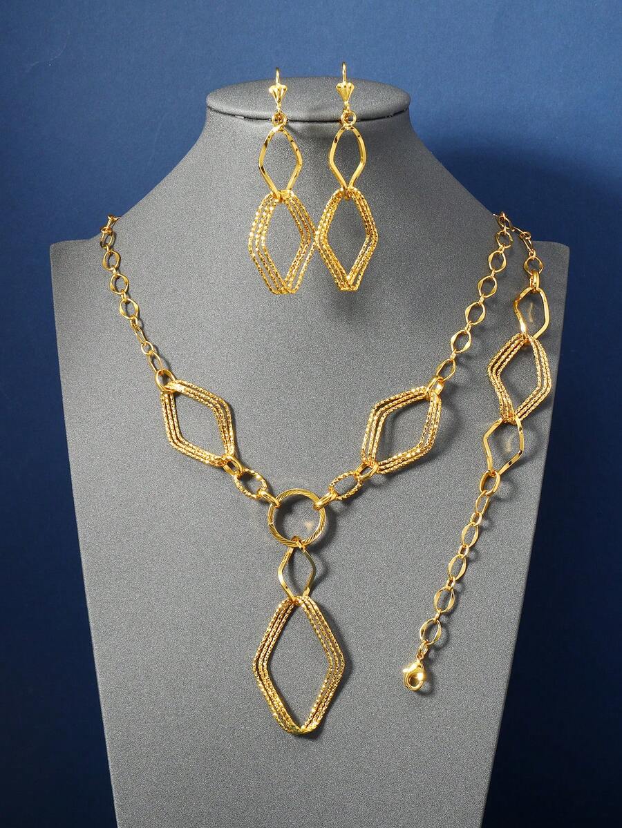 3pcs Middle Eastern Saudi Arabian Style Gold-Plated Copper Multi-Layer Jewelry Set, 1 Necklace, 1 Bracelet, 1 Pair Earrings For Wedding - Yellow Gold - View 1