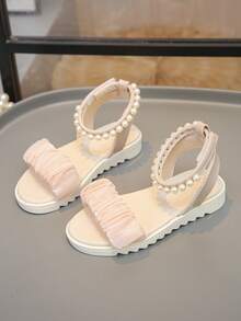 1 Pair Of Elegant Pink Girls' Sandals, With A Satin Pleated Design, Ankle Pearls, Hook And Loop Closure, Suitable For Spring And Summer, Ideal For Travel, Attending Parties, And As A Holiday Gift. - Pink - View 3