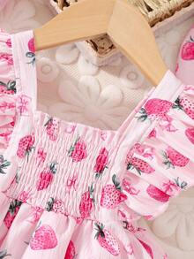 女婴甜美草莓印花方领荷叶袖A字连体连衣裙+遮阳帽，夏季 - 彩色 - 查看 4