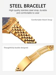 Reloj de cuarzo clásico para hombres RICECGO, esfera redonda con pantalla de fecha, correa de acero inoxidable, adecuado para uso diario, un regalo ideal para cumpleaños y profesionales de negocios - Dorado - Ver 9