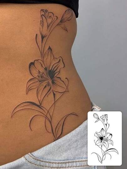 1pc Fashionable Waterproof Lily Flower Line Art Temporary Tattoo, Gradual Floral Bud Design For Side Waist, Suitable For People