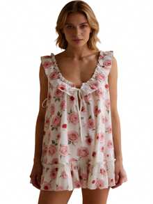 Women Boho Floral Sleep Mini Dress Y2K Patchwork Flower Ruffled Sleeveless Babydoll Short Dress Flowy Ruffle Hem Dresses Casual Summer Sleepwear - Màu Hoa hồng đỏ - Xem 5