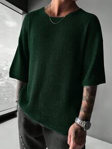 Plus Size Men's Solid Color Crew Neck Casual Loose Knit Short Sleeve Top - Green - View 4