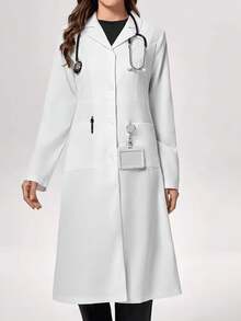 Plus Size Casual Daily Solid Color Front Button Lab Coat/White Coat - White - View 2
