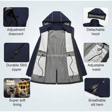 Women's Waterproof Long Trench Coat Fleece Lined Softshell Jacket Lightweight Hooded Raincoat Warm Windbreaker For Outdoor Running Hiking - Navy - 查看 5