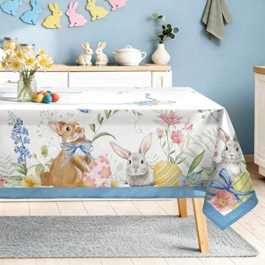 Easter Bunny Table Cloth Rectangle Machine Washable Rabbit Farmhouse Blue Ribbon Tablecloth 104 * 60 inch Polyester Easter Eggs Table Cover for Kitchen Dinner Party Outdoor Decor - Cinta Azul - Ver 1