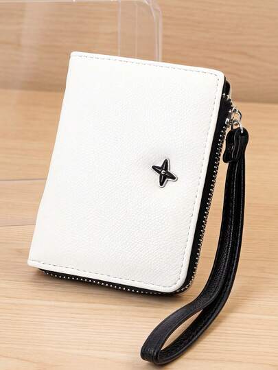 2026新款拼接PU皮短款甜美卡包钱包，女士时尚拉链对折钱包，简约卡包按扣设计，女士零钱包迷你钱包小巧可爱手腕包旅行必备夏季单品